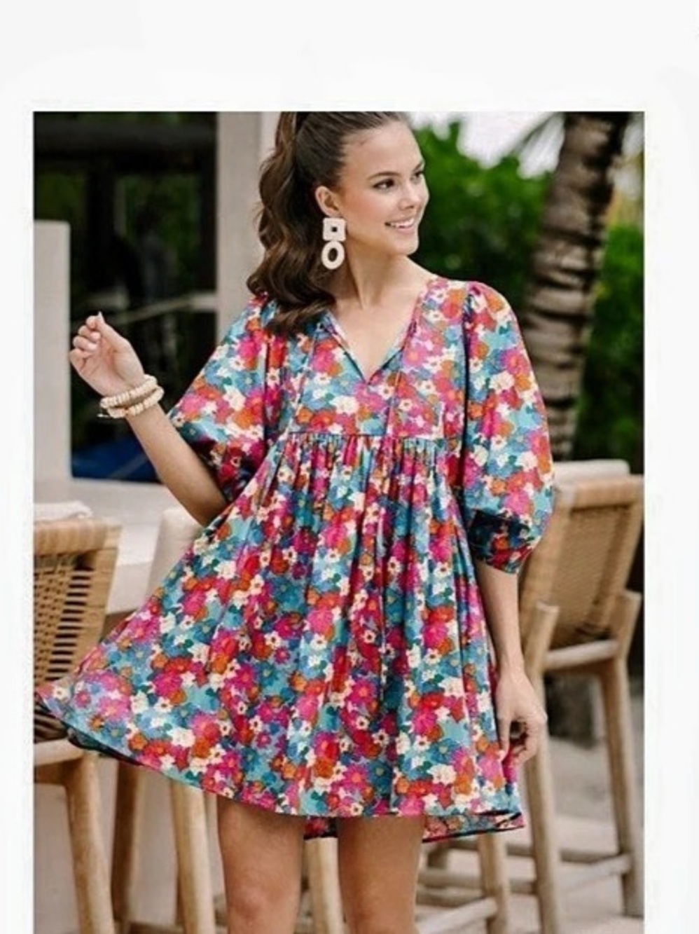 entro Sea Green Floral Babydoll Dress Floral Puff Sleeve Mini Dress